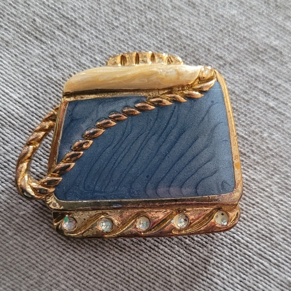 Blue Enamel and Gold Purse Design Brooch With Rhinestone Detail